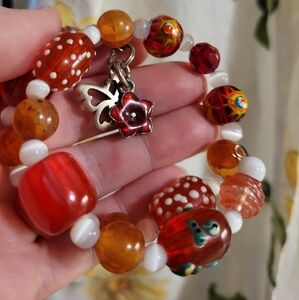 Handmade Memory Wire Bracelet W/ Vintage Beads & Pewter Butterfly Charm Dangle